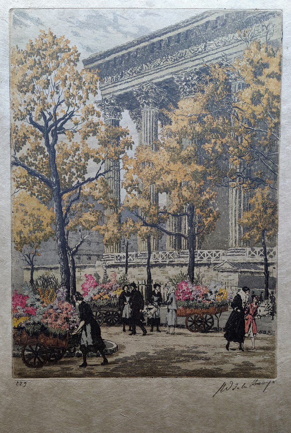 A coloured aquatint of a flower market in front of a columned building in Paris, with a pencilled number at lower left and a signature at lower right
